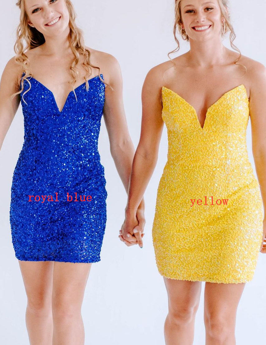 Strapless Yellow Bodycon Sequined Homecoming Dress