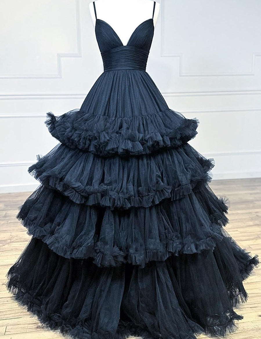 Skye |A-line V-Neck Tulle Prom Dress with Tiered Ruffles