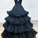 Skye |A-line V-Neck Tulle Prom Dress with Tiered Ruffles