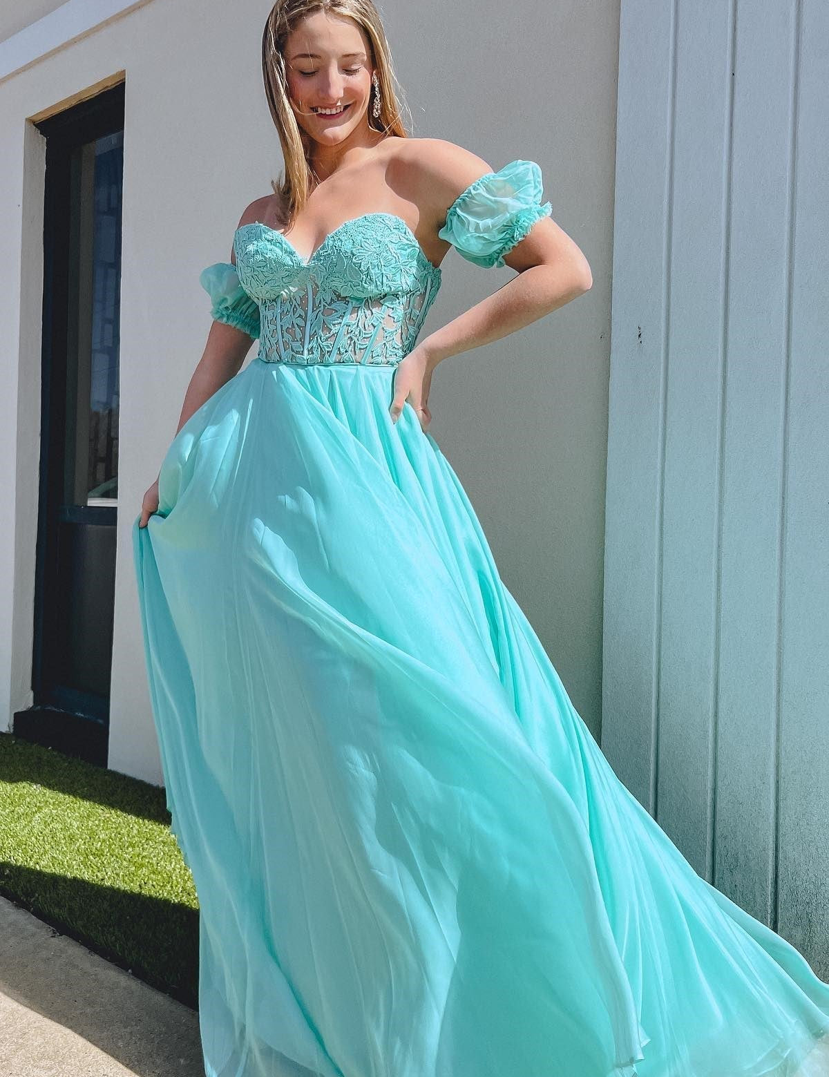 Rachel |A line Sweetheart Chiffon Prom Dress with Puff Sleeves