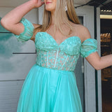 Rachel |A line Sweetheart Chiffon Prom Dress with Puff Sleeves