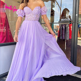 Rachel |A line Sweetheart Chiffon Prom Dress with Puff Sleeves