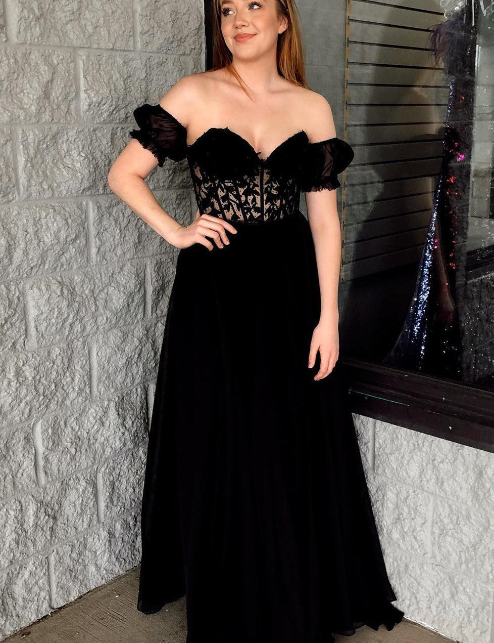 Rachel |A line Sweetheart Chiffon Prom Dress with Puff Sleeves