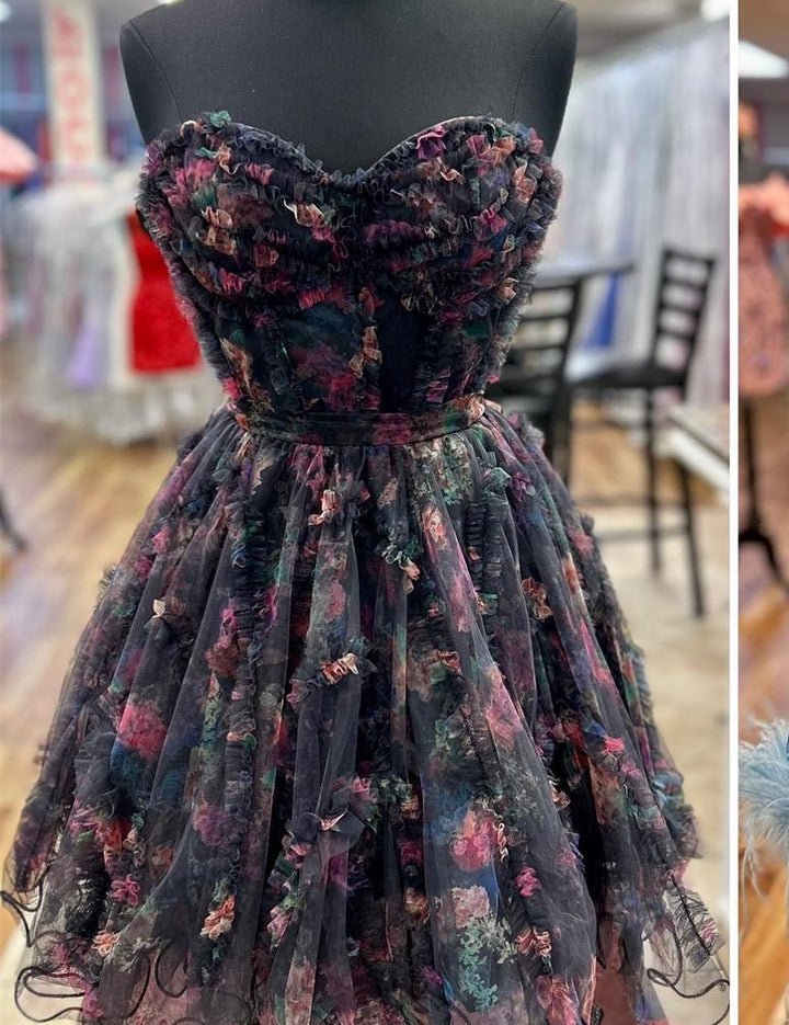 Kayla | A Line Strapless Floral Homecoming Dress