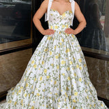 A-Line Sweetheart Floral Printed Satin Long Prom Dresses