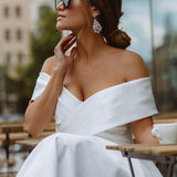 A-Line Satin Tea Length White Off the Shoulder Wedding Dress