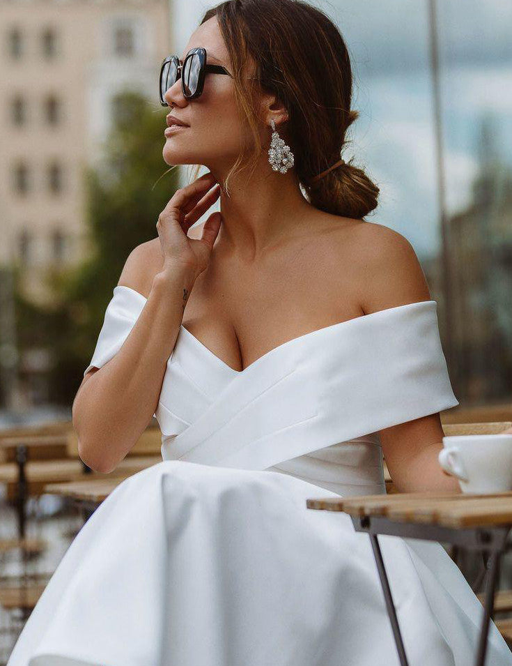 A-Line Satin Tea Length White Off the Shoulder Wedding Dress