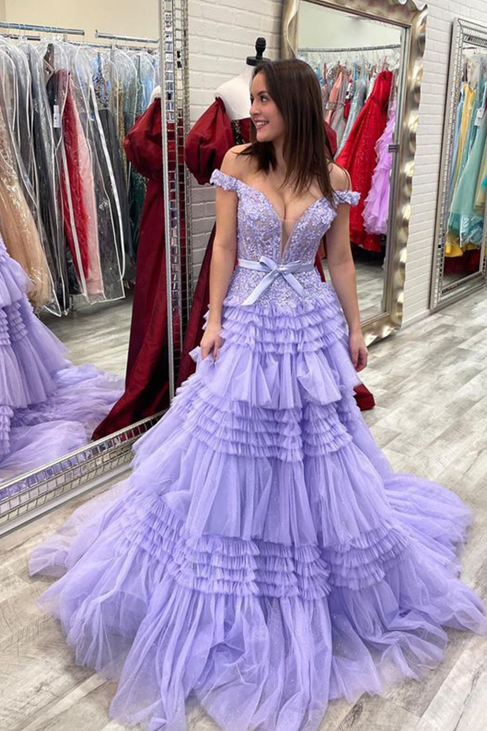 Princess A Line Off the Shoulder Light Pink Long Prom Dress with Ruffles