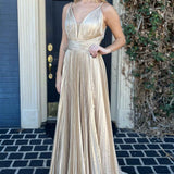 Barbara | Plunging V-Neck Gold Pleated Long Prom Dress