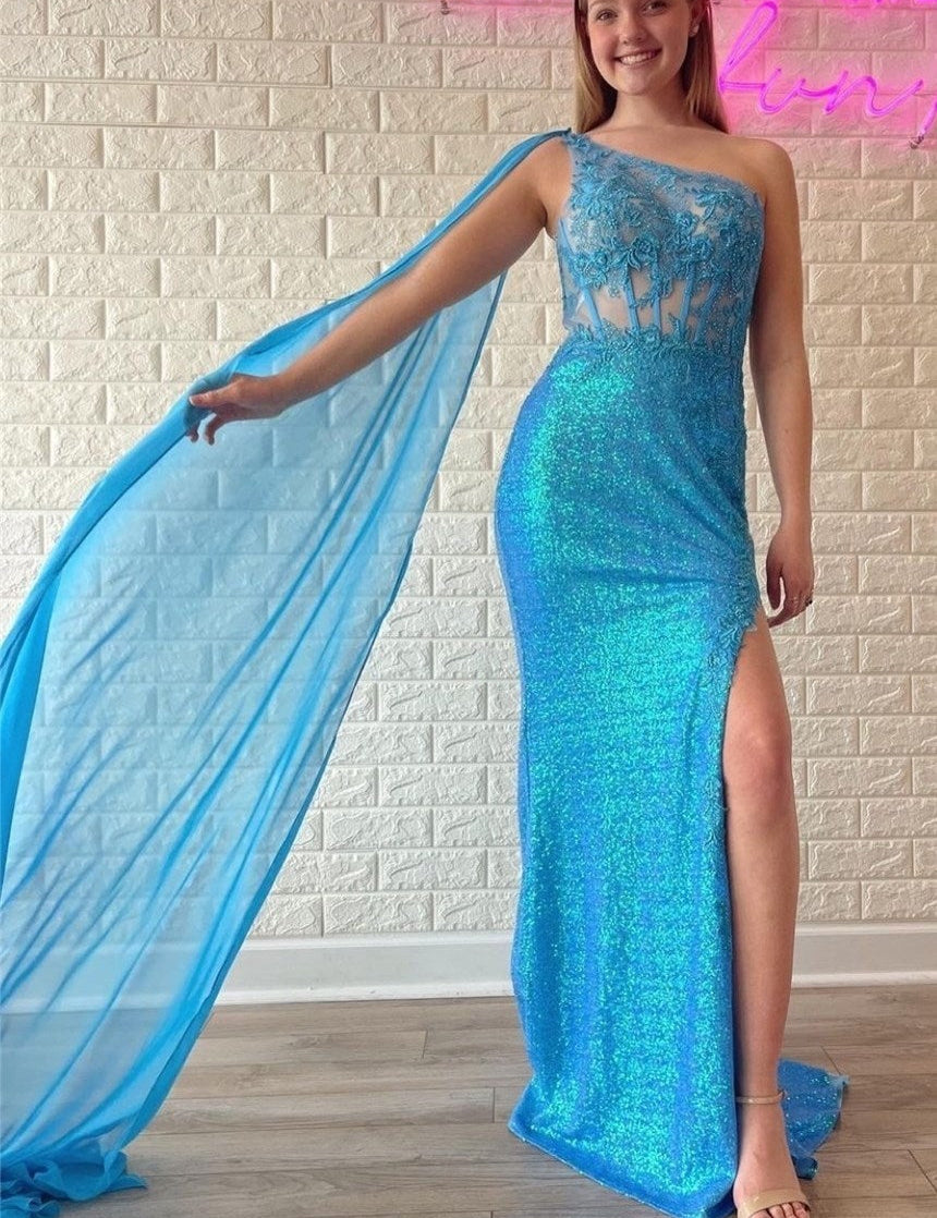 Green Sequin Lace One-Shoulder Long Formal Dress with Attached Train