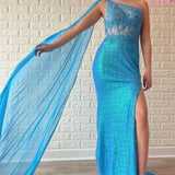 Green Sequin Lace One-Shoulder Long Formal Dress with Attached Train