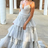 Amanda| A-Line Spaghetti Straps Long Tiered Tulle Prom Dress With Split