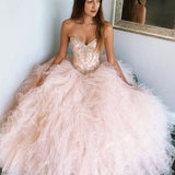 Pink Sweetheart Sleeveless Tulle Prom Dresses