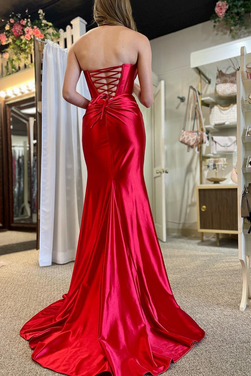 Mermaid Strapless Satin Long Prom Dress With Slit