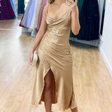 Simple V-Neck Champagne Midi Prom Dress