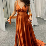 Rust Orange Deep V Neck Pleated Satin Straps Long Bridesmaid Dress with Slit