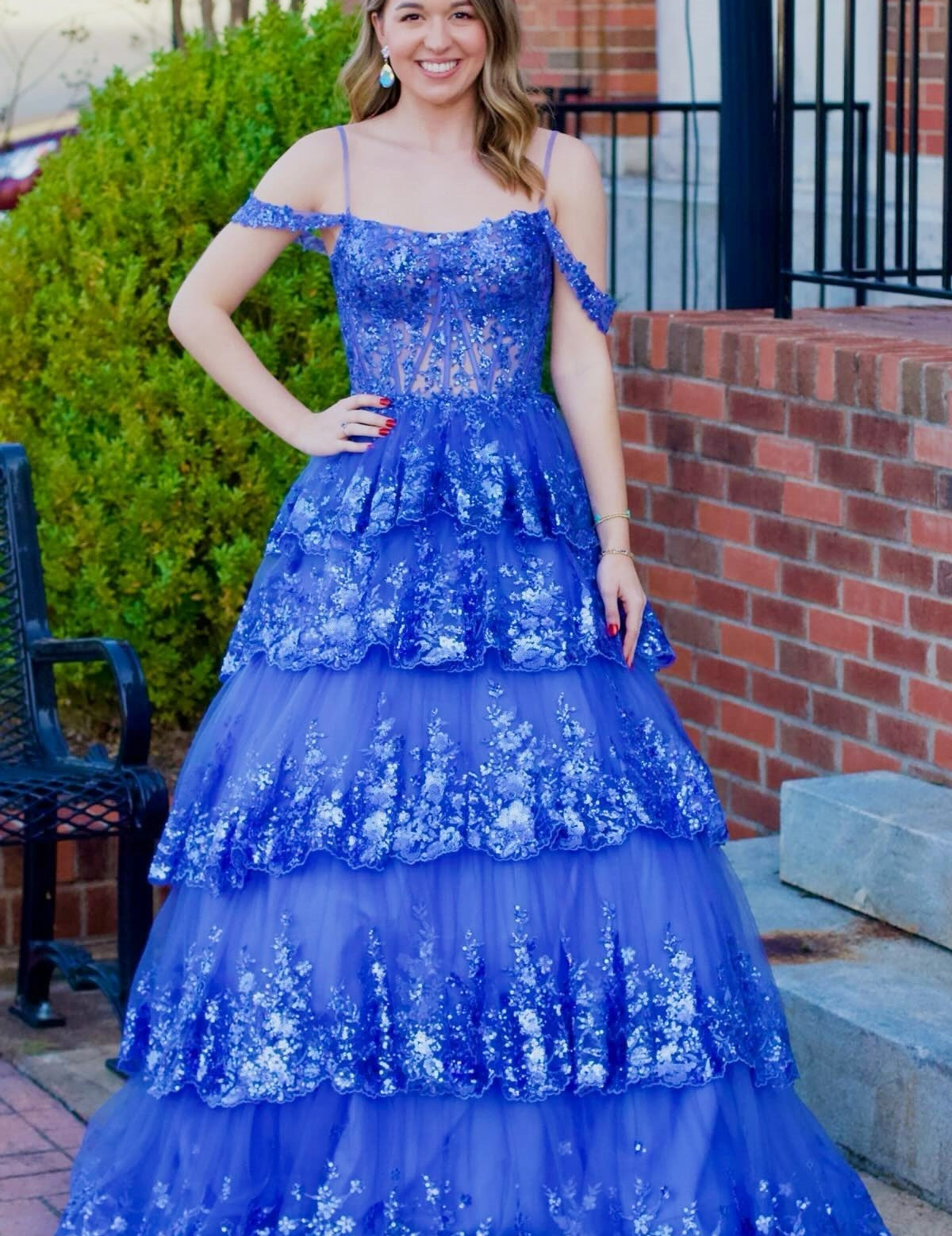 Maureen | Tulle Sequin Cold-Shoulder Ruffle Tiered Long Prom Dress