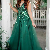 Shelly | A-Line Green V-Neck Sequins Long Prom Dress