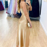 Simple V-Neck Champagne Midi Prom Dress