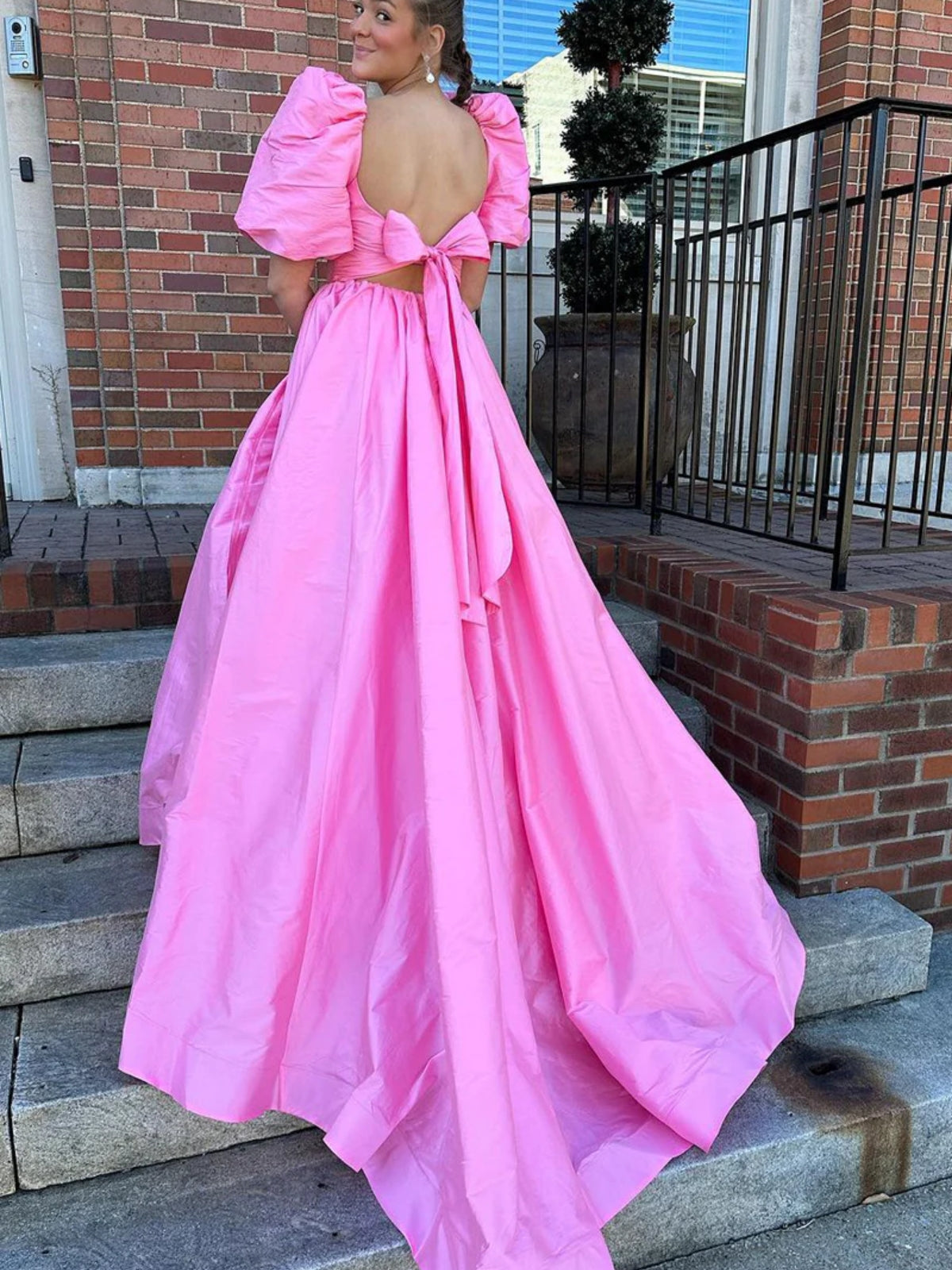 Lynette | Square Neck Fuchsia Puff Sleeves A-Line Prom Dress