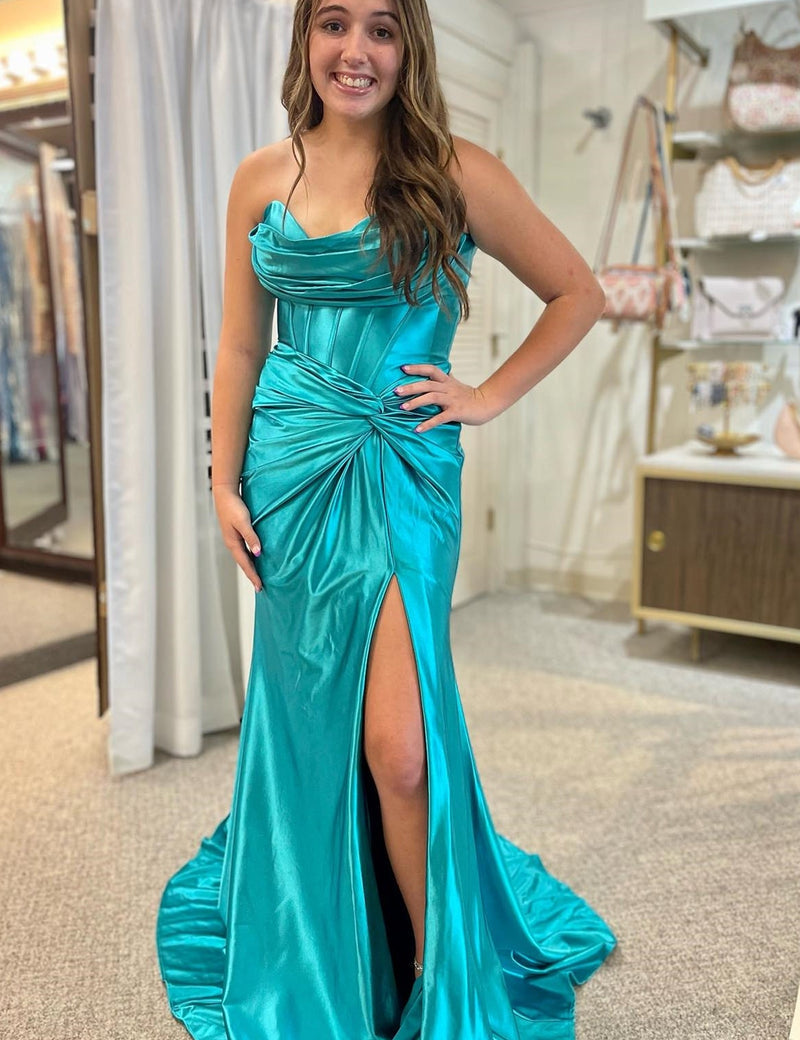 Nadia |Mermaid Strapless Satin Long Prom Dress With Slit