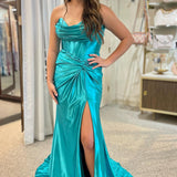 Nadia |Mermaid Strapless Satin Long Prom Dress With Slit