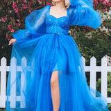 Adelynn |A line Long Sleeves Satin Tulle Prom Dress with Slit