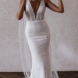 Sparkly Mermaid V Neck Sequins Lace Long Wedding Dresses