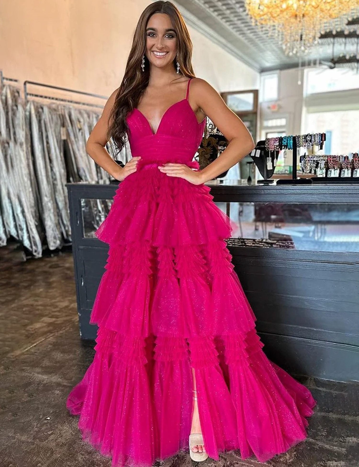 Amanda| A-Line Spaghetti Straps Long Tiered Tulle Prom Dress With Split