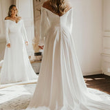 Simple A-Line Off the Shoulder Long Sleeves White Satin Wedding Dresses