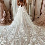 A-line Attractive V-neck Tulle Appliques Bohemian Wedding Dress