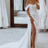 Simple White Long Boho Mermaid Wedding Dress with Slit