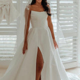 A-Line White Satin Strapless Wedding Dresses with Slit