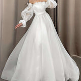 White Off the Shoulder Pleated A-Line Long Wedding Dress with Sleeves