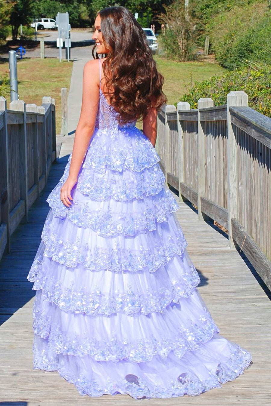 Maryam |A Line Spaghetti Straps Tiered Lace Prom Dress