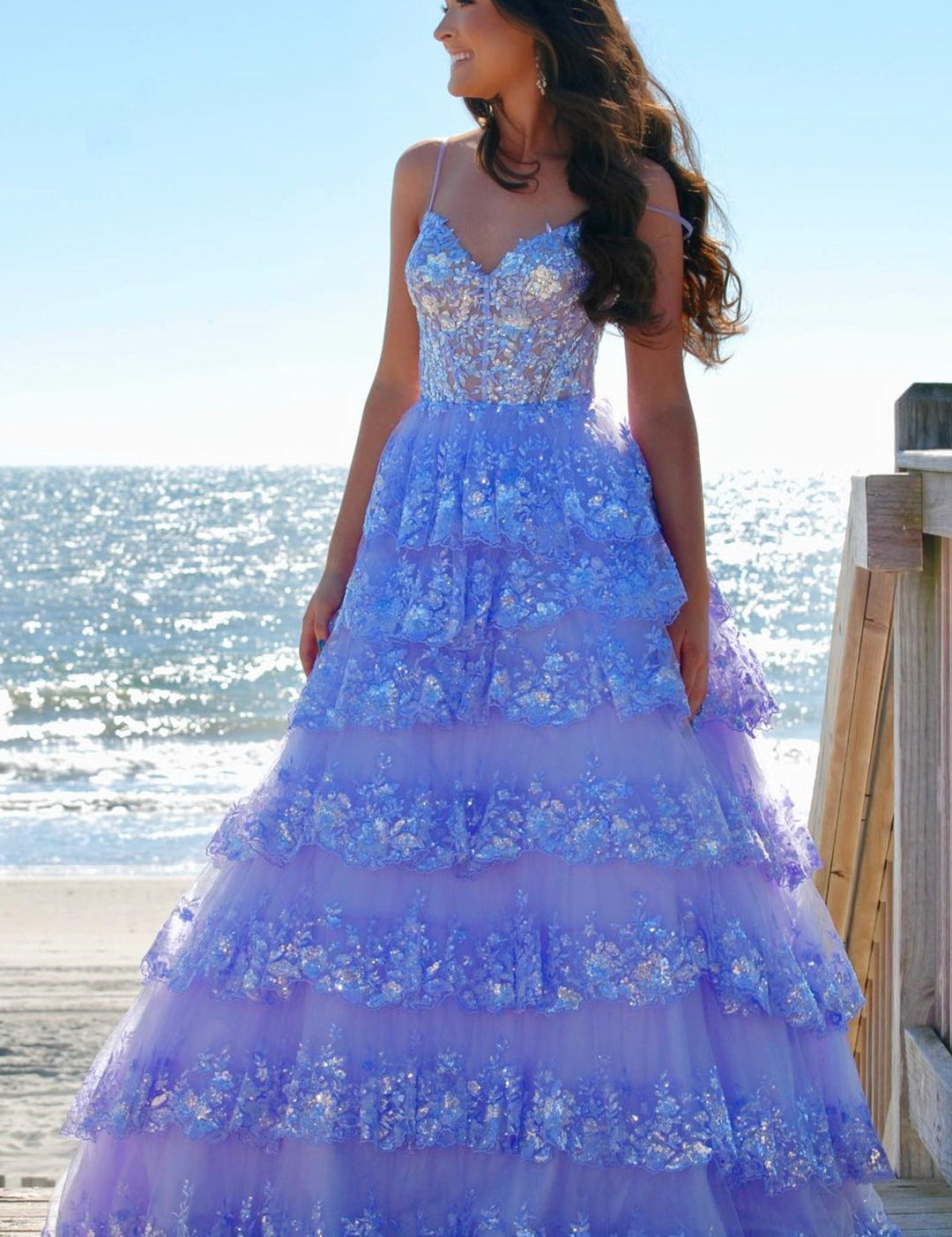 Maryam |A Line Spaghetti Straps Tiered Lace Prom Dress