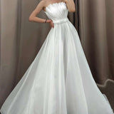 White Off the Shoulder Pleated A-Line Long Wedding Dress with Sleeves