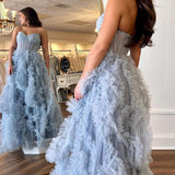 Blue Strapless Ruffle Tulle A-Line Long Prom Dresses with Slit