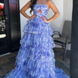 Emmeline| Blue Print Halter Keyhole Ruffle Tiered Long Prom Dress