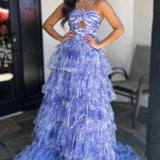 Emmeline| Blue Print Halter Keyhole Ruffle Tiered Long Prom Dress