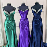 Ingris |  Fuchsia Mermaid V Neck Satin Long Prom Dresses with Beading