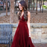 Elegant A-Line Halter Backless Burgundy Velvet Long Bridesmaid Dresses Prom Gown