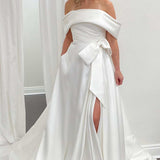 Kinley | White Satin Off-the-Shoulder Bow A-Line Wedding Dress with Slit