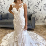 Marianna | White Illusion Neck Appliques Mermaid Long Wedding Dress