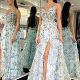 Light Blue Organza Plunge V A-Line Long Prom Dress with 3D Floral Lace