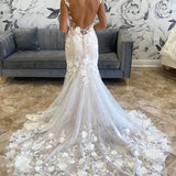 Marianna | White Illusion Neck Appliques Mermaid Long Wedding Dress