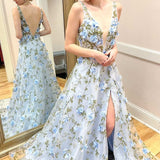 Light Blue Organza Plunge V A-Line Long Prom Dress with 3D Floral Lace