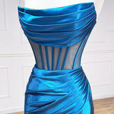 Strapless Pleated Boning Sheer Long Prom Dress with Slit