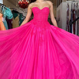 Amora |A-Line Hot Pink Tulle Lace StraplessLong Prom Dress