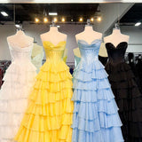 Ardea |Yellow Strapless A-Line Ruffle Long Prom Dress With Split